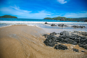 Beautiful beach at famous beach, rock, sun, water and island, amazing Seychelles with unique franite rocks