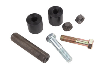 repair kit. silent block of truck springs, isolated on a white background. a set of seven parts