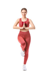 Sporty young woman doing yoga on white background