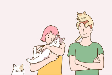 People holding cats. hand drawn style vector design illustrations. 