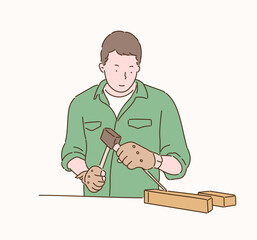 A carpenter carving wood with a chisel. hand drawn style vector design illustrations. 