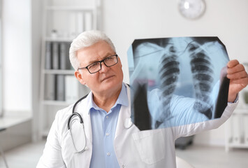 Pulmonologist with x-ray image of lungs in clinic