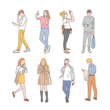 Collection of people on the street using mobile phones. hand drawn style vector design illustrations. 