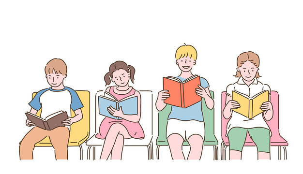 Cute children sitting on chairs and reading books. hand drawn style vector design illustrations. 