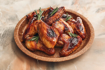 Plate with roasted chicken wings on grunge background