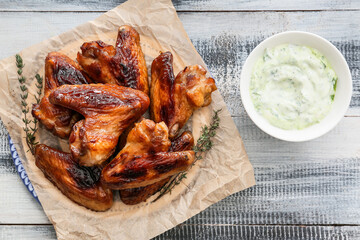 Plate with roasted chicken wings on wooden background