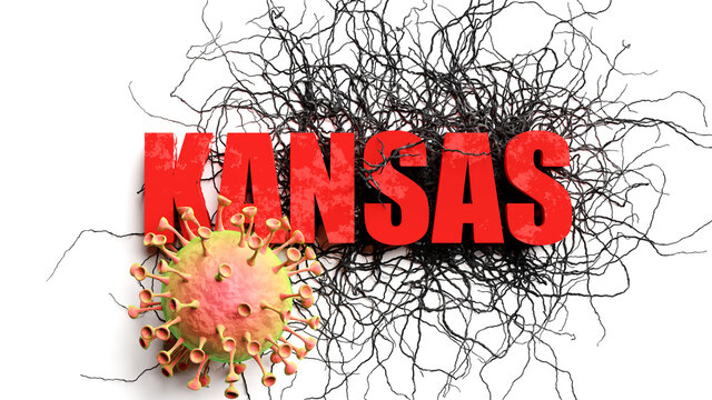 Degradation And Kansas During Covid Pandemic, Pictured As Declining Phrase Kansas And A Corona Virus To Symbolize Current Problems Caused By Epidemic, 3d Illustration