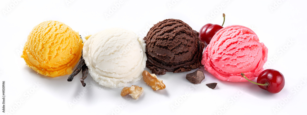 Poster assorted of ice cream scoops on white background. colorful set of ice cream scoops of different flav