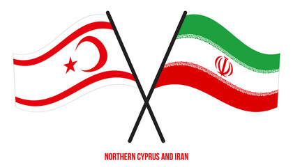 Northern Cyprus and Iran Flags Crossed And Waving Flat Style. Official Proportion. Correct Colors.