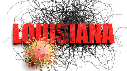 Degradation and louisiana during covid pandemic, pictured as declining phrase louisiana and a corona virus to symbolize current problems caused by epidemic, 3d illustration