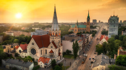 Aerial view of city of  Lodz in Poland during sunset © Piotr Krzeslak