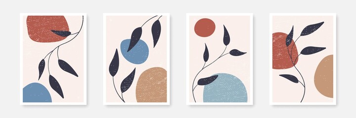 Botanical Print Set Modern Boho Style with Leaves, Floral Elements, Shapes. Minimalist Trendy Contemporary Design, Perfect for Wall Art, Prints, Social Media, Posters, Invitations, Branding Design.