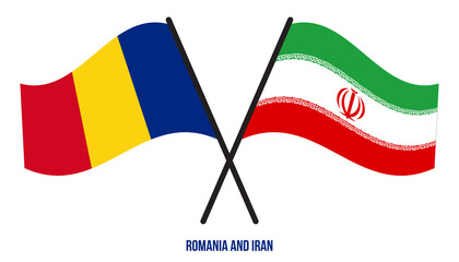 Romania and Iran Flags Crossed And Waving Flat Style. Official Proportion. Correct Colors.