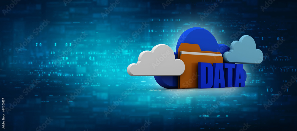 Poster 3d illustration of file data storage in cloud. cloud computing, cloud storage concept.