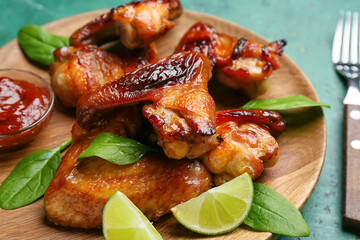 Plate with roasted chicken wings on color background