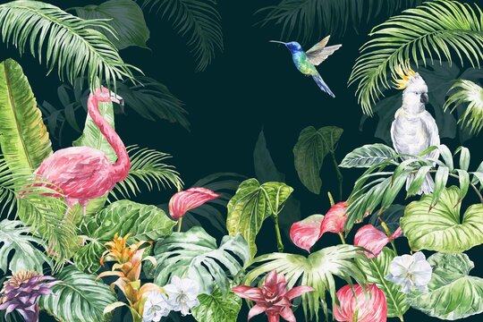 Tropical forest with birds, leaves, flowers and plants on dark background. Watercolour nature illustration. © Ann Lou