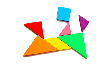 Color tangram puzzle in man ride on the horse shape on white background