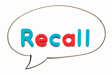 Alphabet letter with word recall in black line hand drawing as bubble speech on white board background