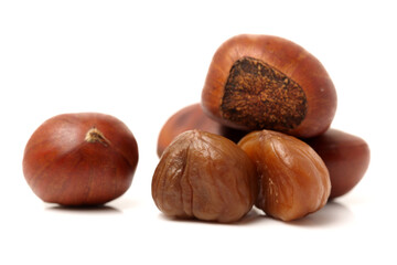 chinese food, peeled roasted chestnut on white background