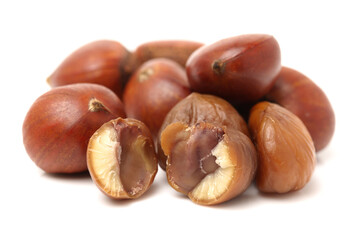 chinese food, peeled roasted chestnut on white background