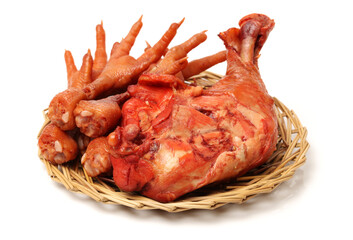 Cooking chicken feet and chicken leg on white background