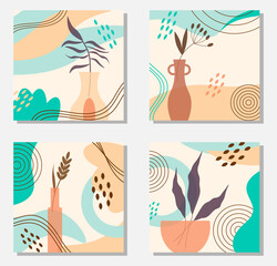 A set of square cards with an abstract pattern of spots. Vases with plants. Vector illustration. Templates for social media design, packaging, covers, postcards, brochures and more.