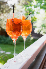Two glasses with an alcoholic fresh cocktail. Orange mint drink in a glass. Romantic party in nature. 