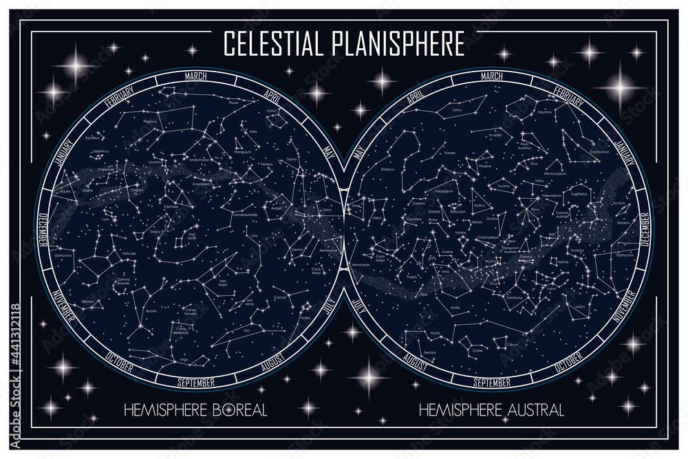 Wall mural map of the celestial planisphere and the constellations