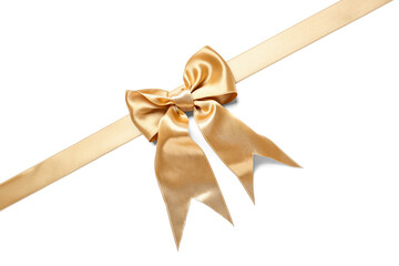 Fototapeta premium Beautiful golden ribbon with bow on white background