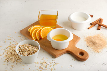 Natural ingredients for homemade cosmetics on white background