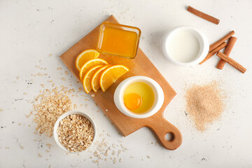 Natural ingredients for homemade cosmetics on white background