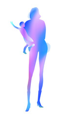 Happy mother's day. Happy mom with her kids together silhouette plus abstract watercolor painting.Double exposure illustration. Digital art painting.