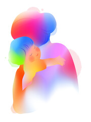 Happy mother's day. Happy mom with her kids together silhouette plus abstract watercolor painting.Double exposure illustration. Digital art painting.