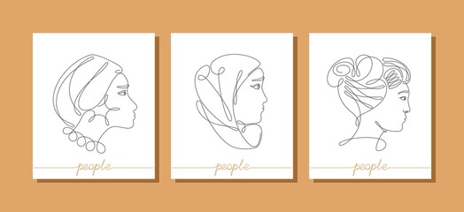 Modern abstract faces. Girls elegant portraits in profile. African, Japanese and Oriental women. Contemporary one line of continuous art. Vector template
