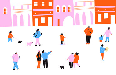 People in the big city. Vector cute illustrations of people and families on the city streets. Freehand drawings for poster, card and cover. Landscape city centre with many building.