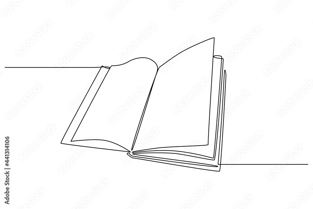 Fototapete Continuous one line drawing Opened book with pages. Knowledge library concept and back to school theme. Vector illustration