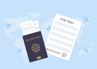 Concept of Travelling with Fit to fly certificate. Pre-travel Covid-19 PCR test. A passport with airline boarding tickets and document with Coronavirus testing. Vector illustration in flat style.
