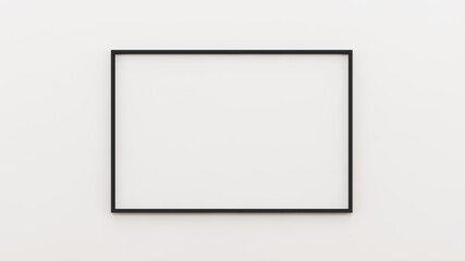 Horizontal rectangular mockup black border picture frame. Single empty black mockup frame hanging on a white wall. 3d illustration.