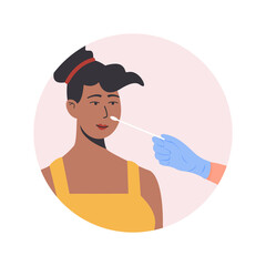 A doctor or nurse in latex gloves takes nasal swab laboratory sample from female patient. Covid-19 PCR test. African dark skin woman doing Coronavirus testing. Vector Illustration in flat style.
