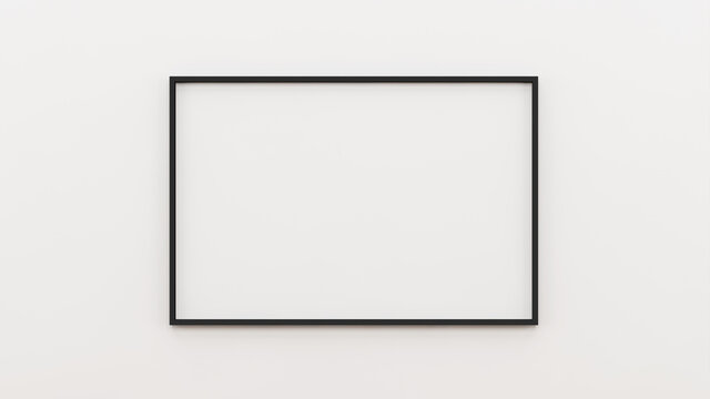 Horizontal rectangular mockup black border picture frame. Single empty black mockup frame hanging on a white wall. 3d illustration.