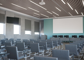 3d rendering of conference hall with turquoise wall