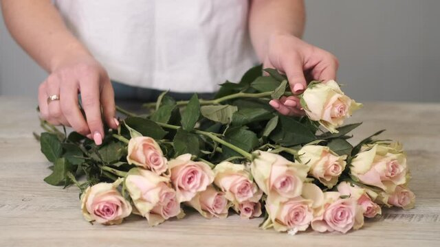 Woman ctting and sorting roses in flower shop