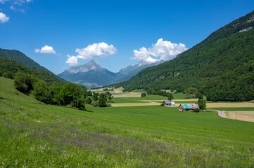 Fototapeta na wymiar Paysage de printemps de la vallée Sainte Reine dans le Parc Naturel Régional des bauges en France, en Savoie dans les Alpes