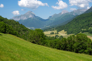 Fototapeta na wymiar Paysage de printemps de la vallée Sainte Reine dans le Parc Naturel Régional des bauges en France, en Savoie dans les Alpes