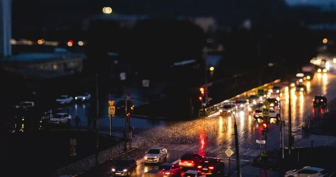 Time lapse of city traffic in the evening captured using the tilt-shift technique in Kazan, Russia