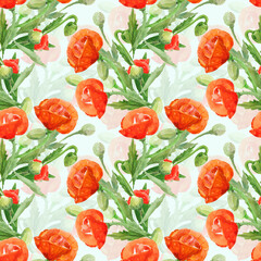 Poppies seamless pattern.Image on white and colored background.