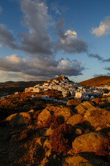 Sunset view of the Chora village of the Greek island of Ios in the Cyclades archipelago