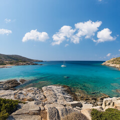 Fototapeta na wymiar The spectacular bay with the beach of Pikri Nero on the west coast of the Greek island of Ios in the Cyclades archipelago