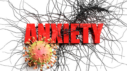 Degradation and anxiety during covid pandemic, pictured as declining phrase anxiety and a corona virus to symbolize current problems caused by epidemic, 3d illustration