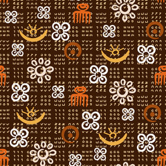 African Adinkra seamless pattern - drawings of ancient ethnic traditional symbols and screen printing of the peoples and tribes of Ghana. Ritual screen printing. Vector Art hand-painted